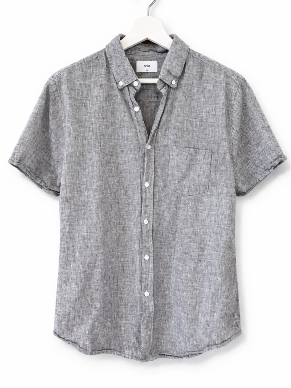 Onia Revolve Gray ShortSleeve Linen Blend Up Shirt Size M Coastal Beach Vacation